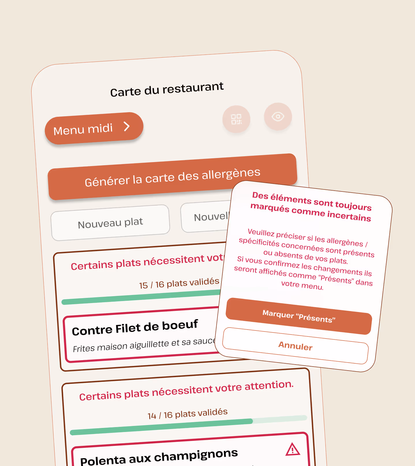Interface pour générer la carte des allergènes d'un restaurant