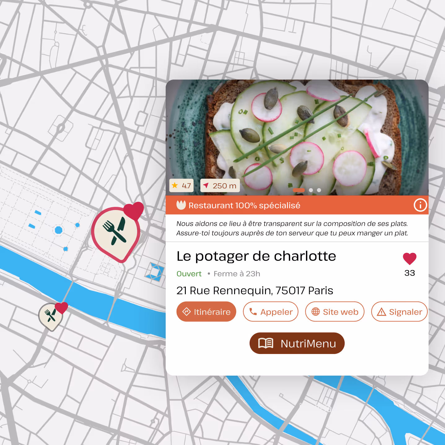 Carte qui montre la fiche d'un restaurant.