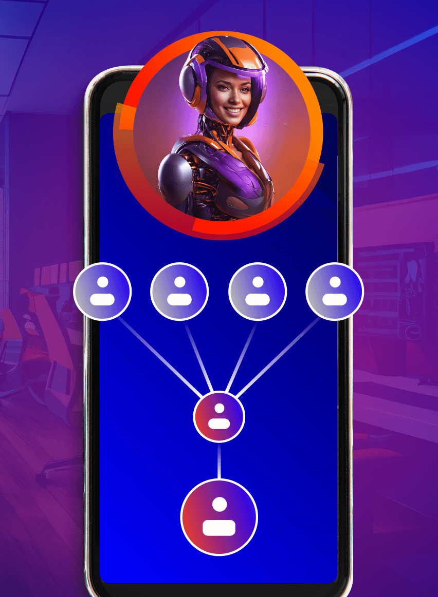 A smartphone displays an app with a hierarchical network diagram and a robotic avatar at the top. Background shows a blurred office setting.
