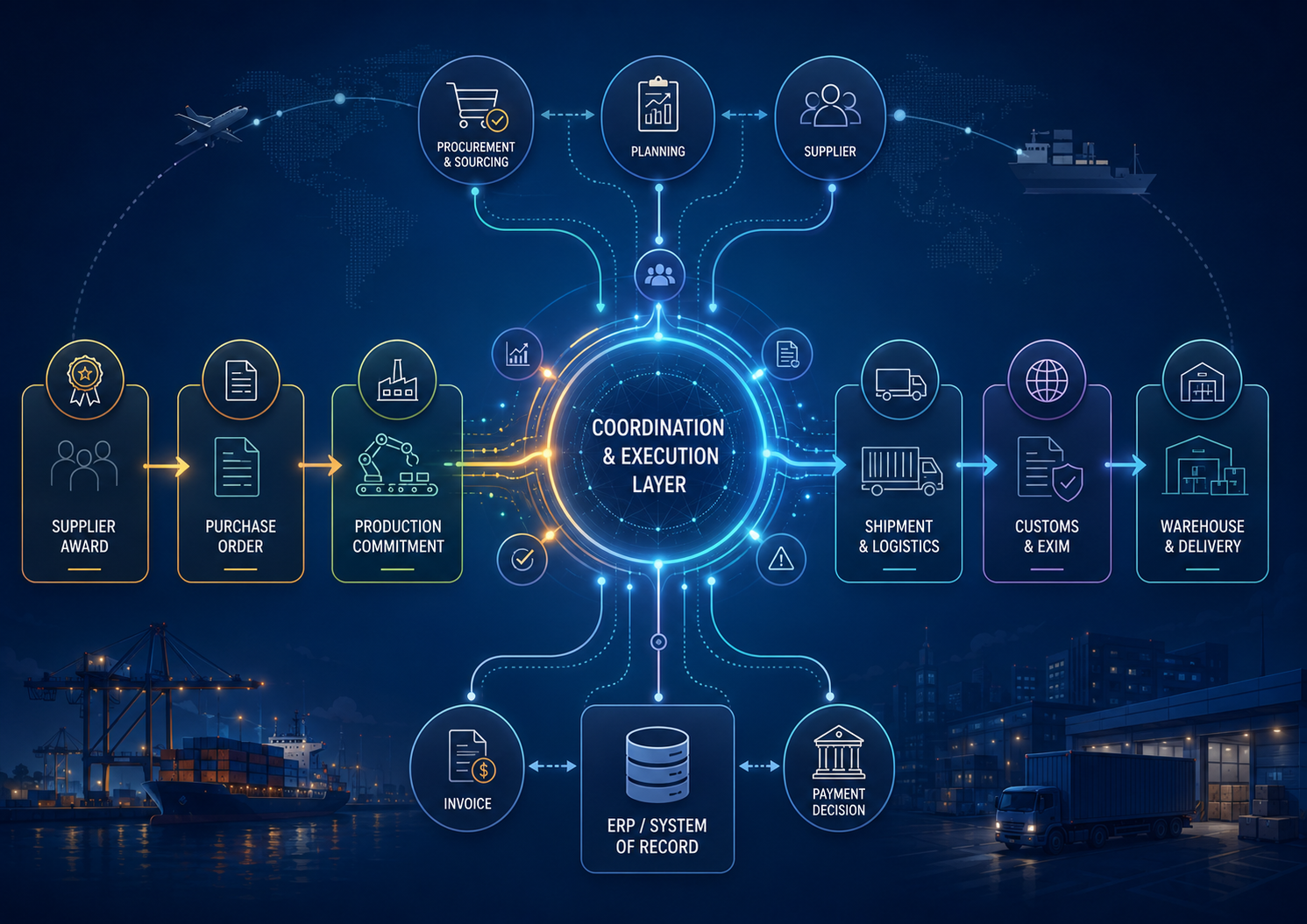 Illustration showing supply chain trends from 2026 to 2030, where AI coordinates suppliers, logistics, customs, finance, and ERP systems through an autonomous execution layer
