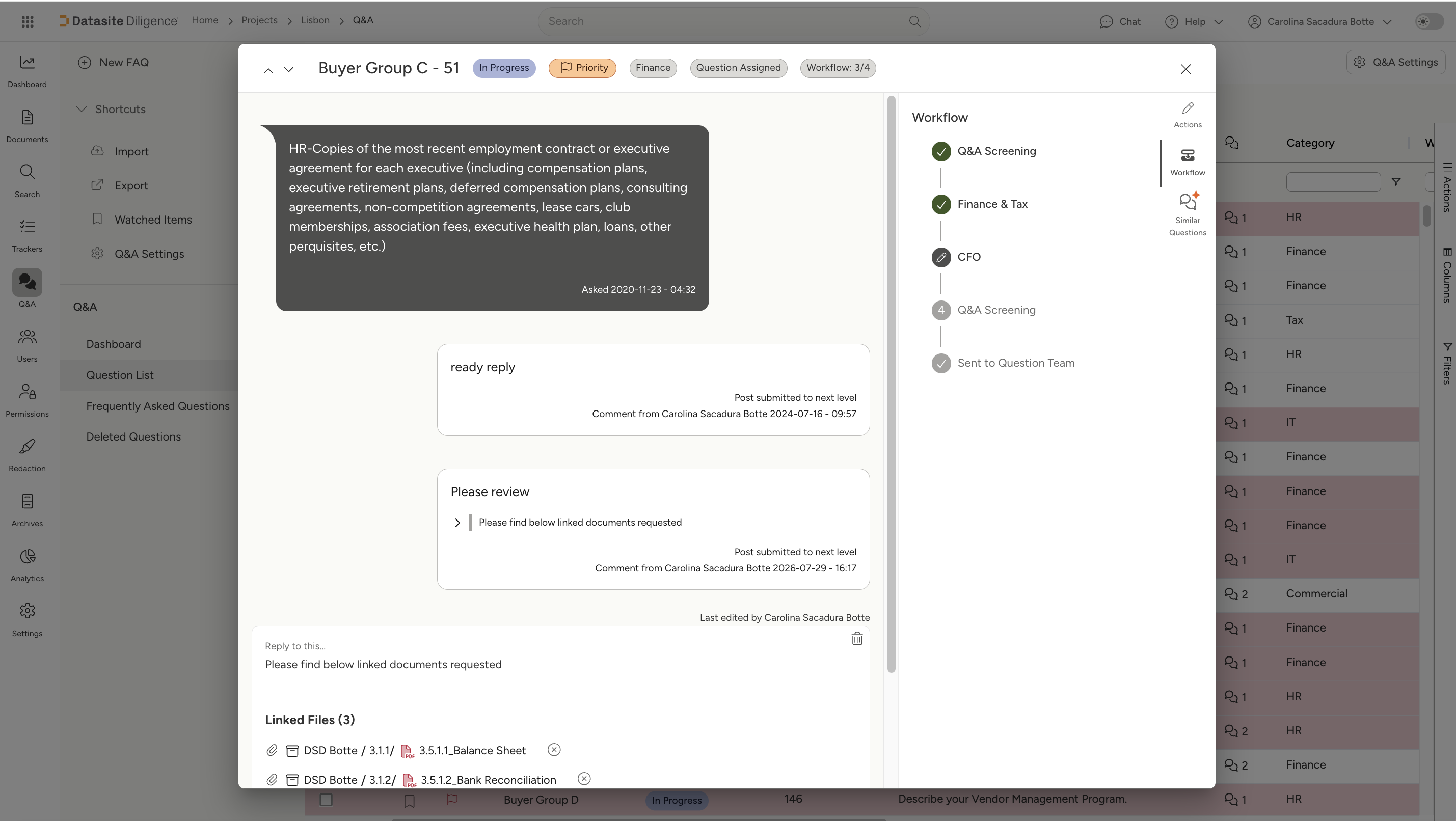 Missing-document overview on a Datasite room in Emma