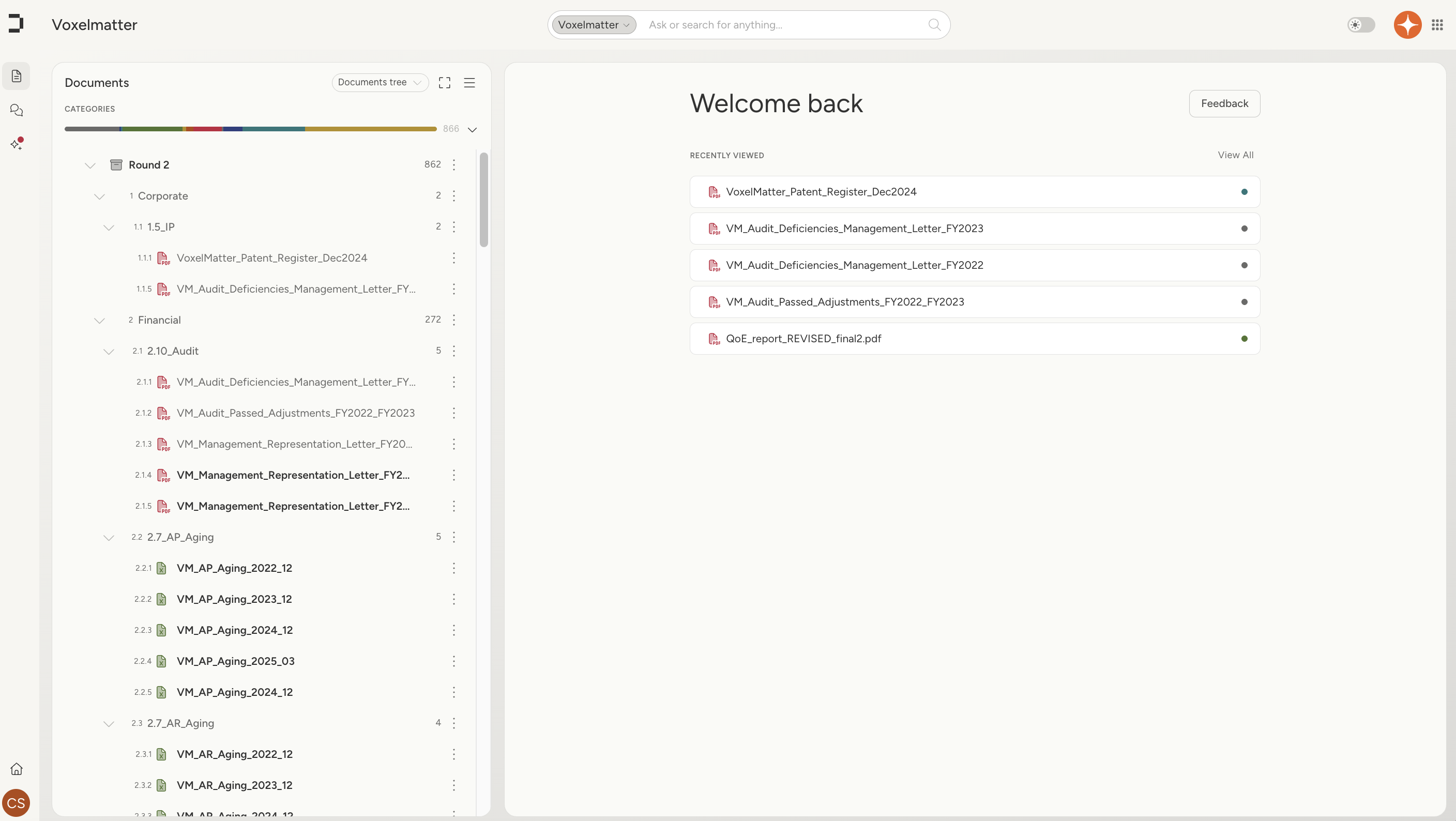 Missing-document overview on a Datasite room in Emma