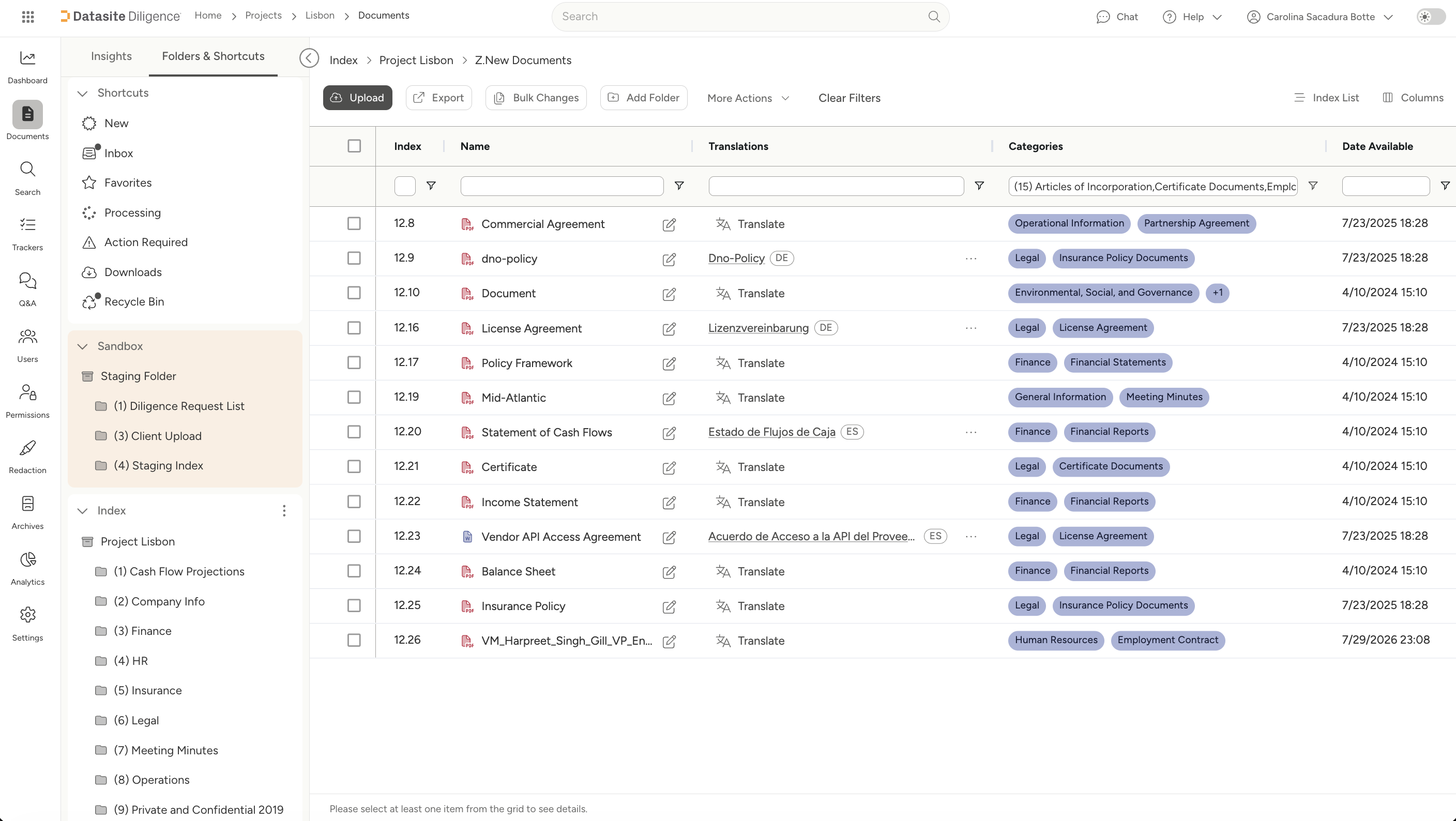 Missing-document overview on a Datasite room in Emma
