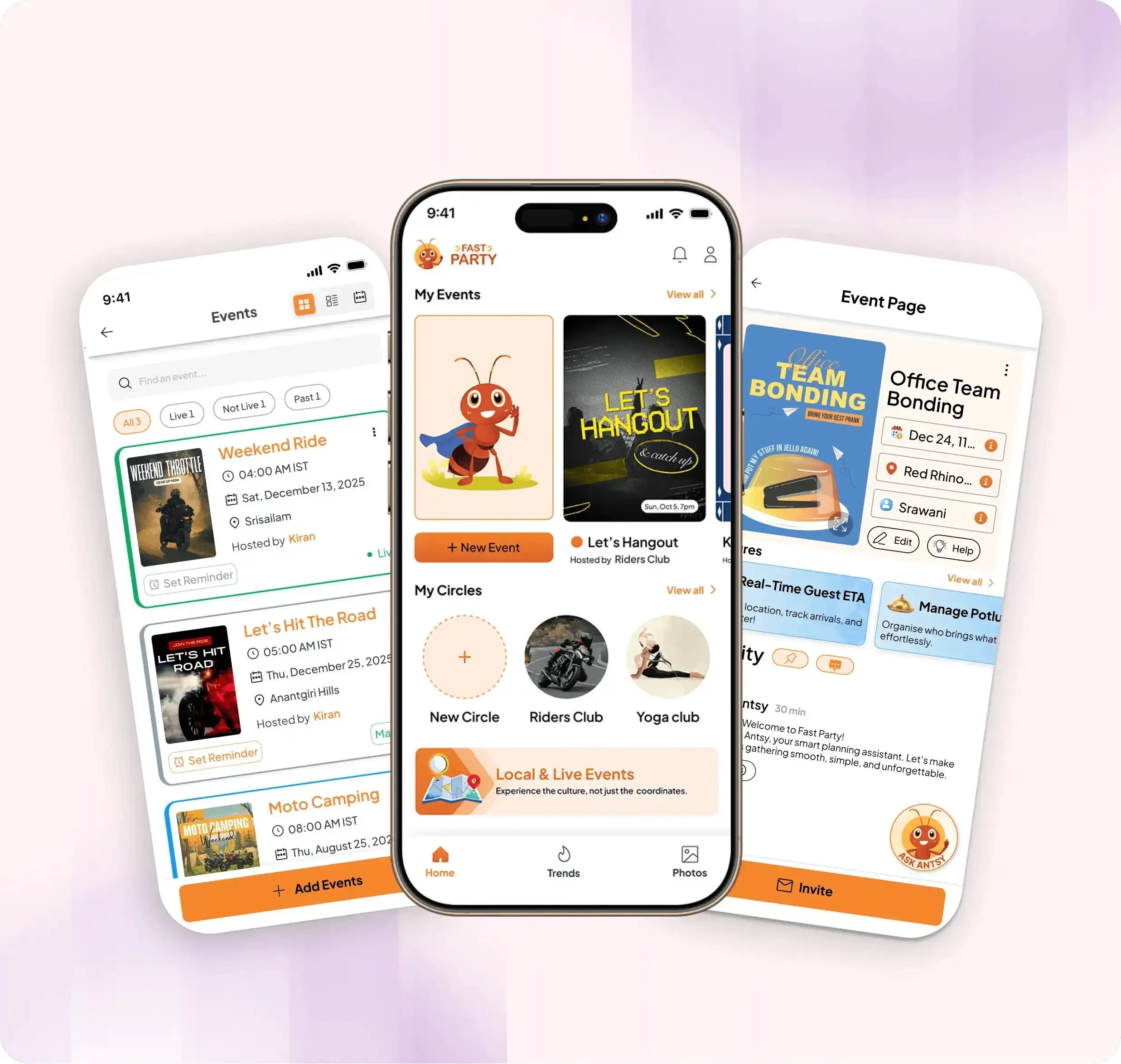 Screenshots of a mobile event planning app showing event listings, user circles, and a detailed event page for Office Team Bonding.