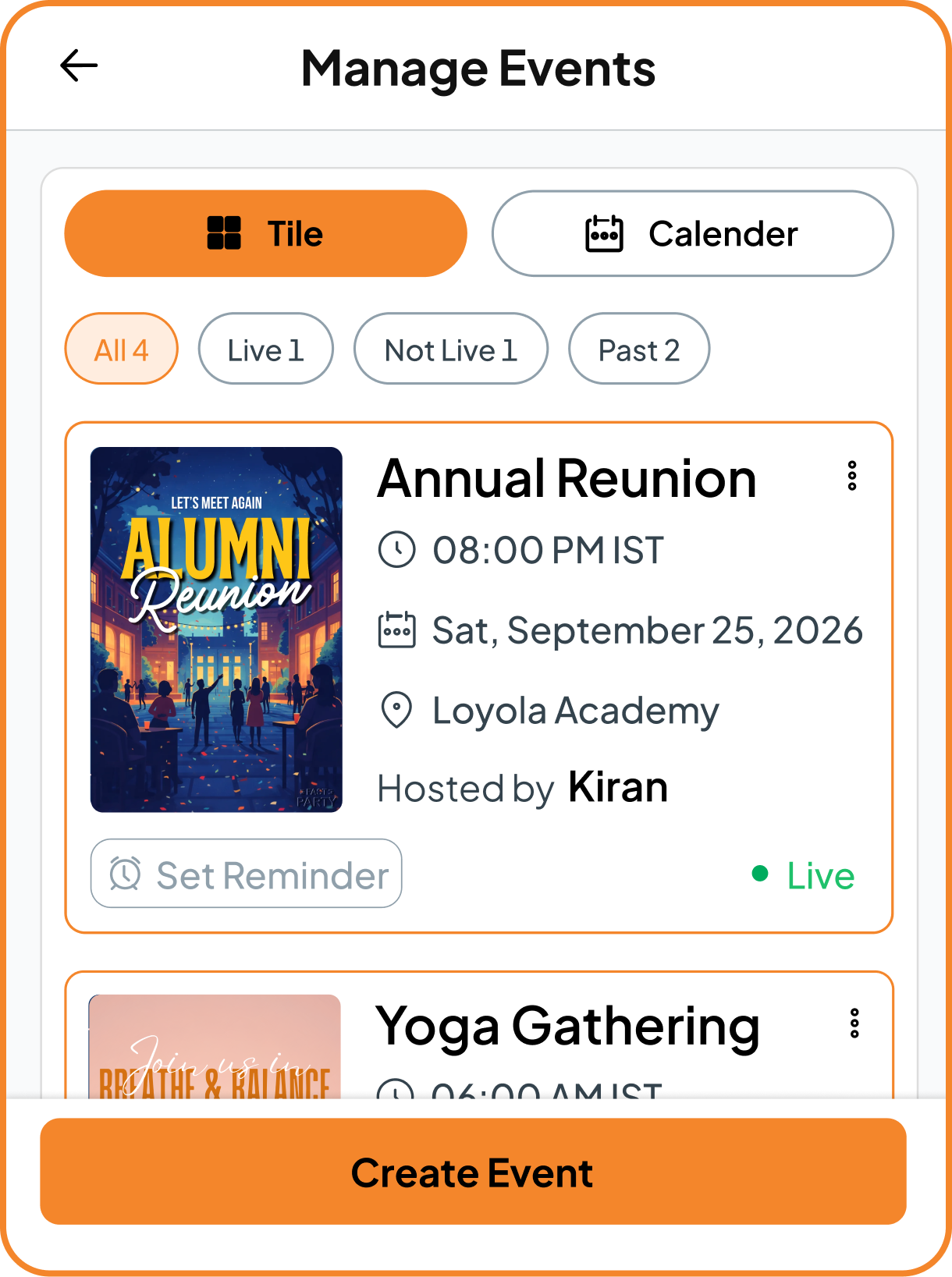 Private event invitation, RSVP list and guest screens in the Fast Party app.