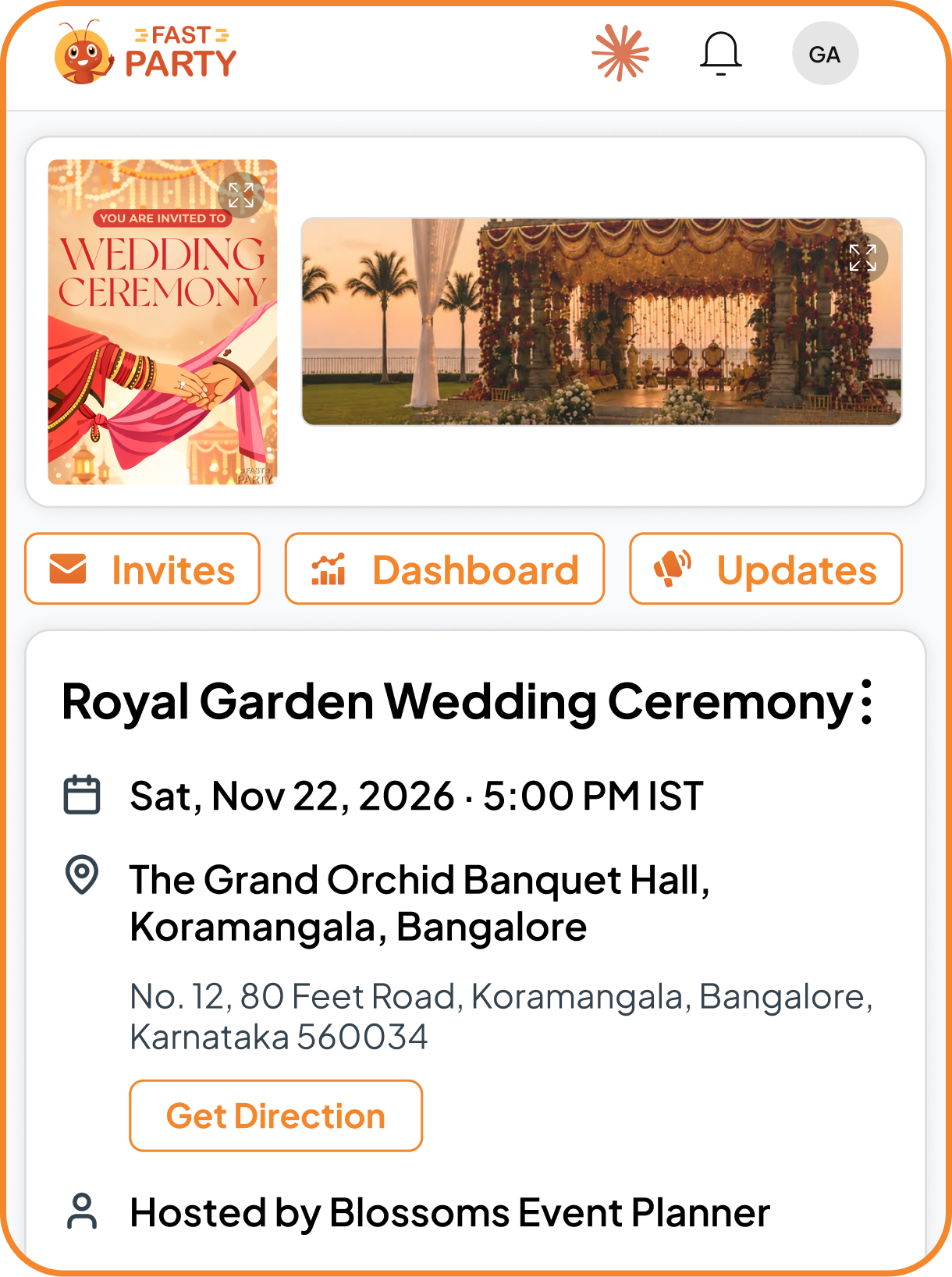 Private event invitation, RSVP list and guest screens in the Fast Party app.