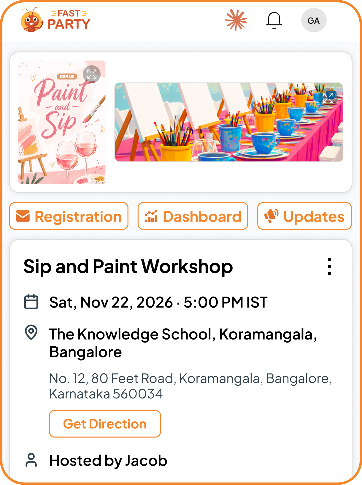 Private event invitation, RSVP list and guest screens in the Fast Party app.