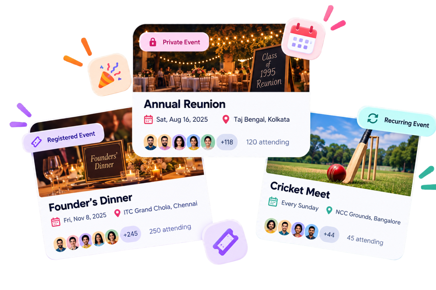 Private event invitation, RSVP list and guest screens in the Fast Party app.