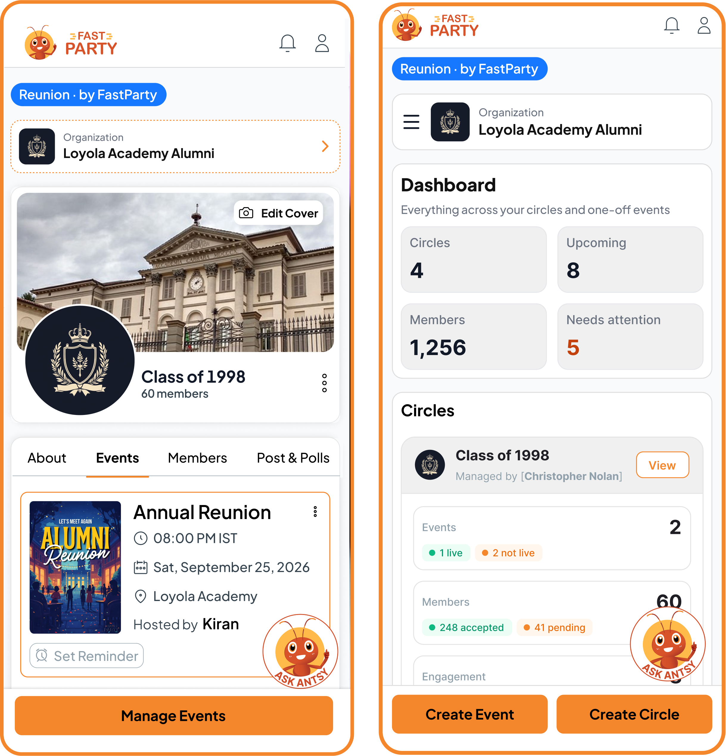 Fast Party organization dashboard