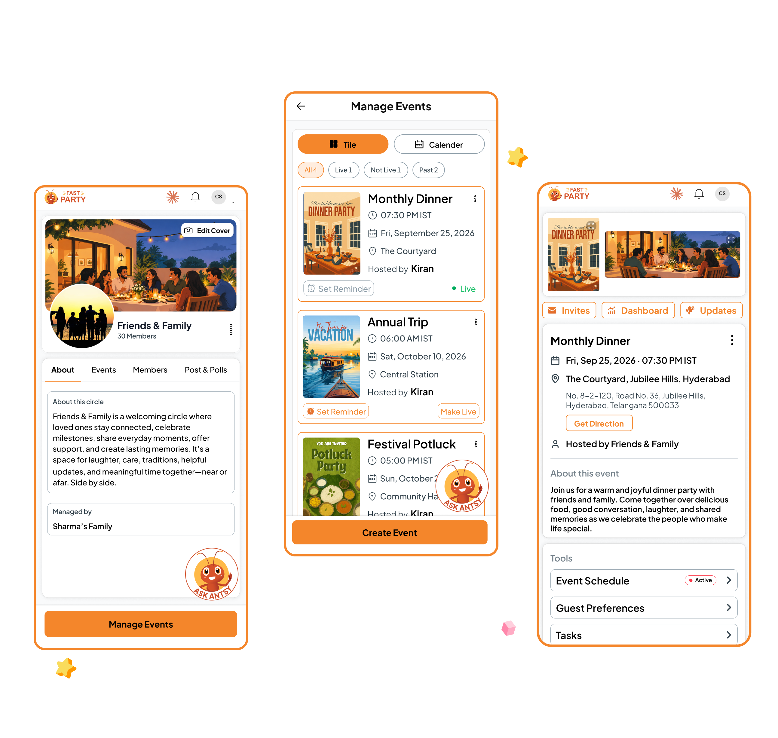 Fast Party Circle dashboard bringing people, events, content and communication together.