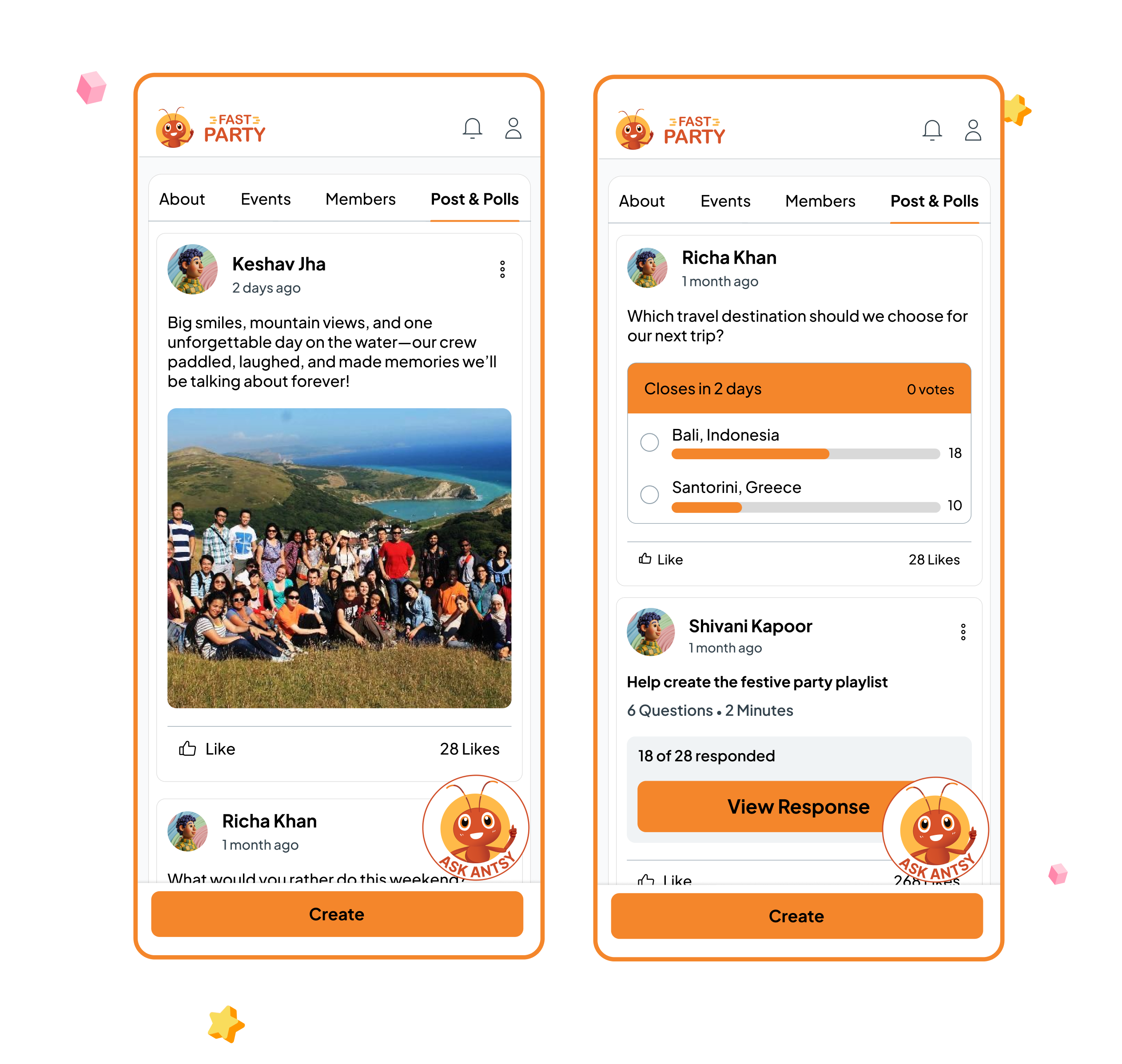 Fast Party Circle feed with posts, polls and updates shared between events.