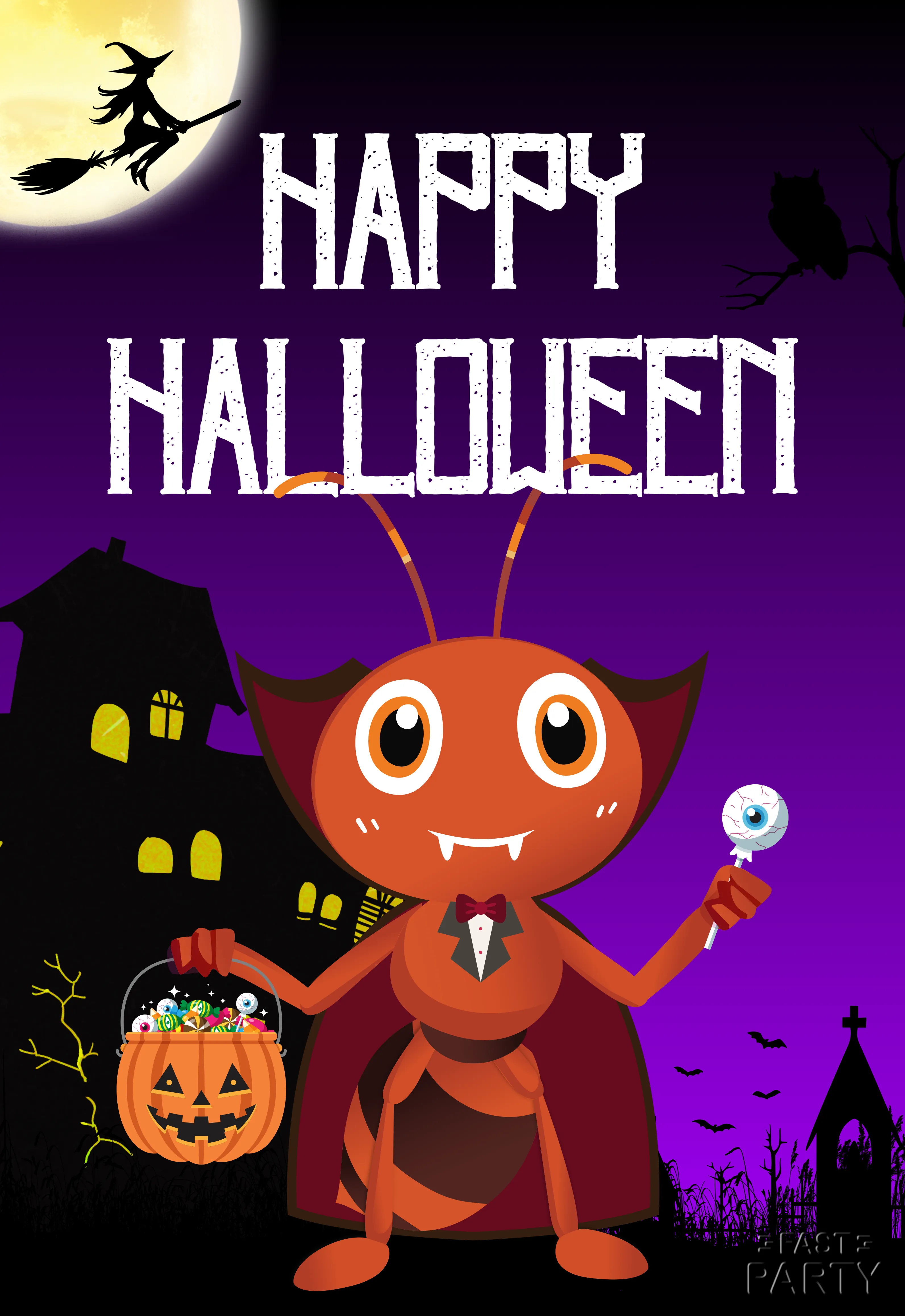 Happy halloween greeting with witch and haunted house in the background