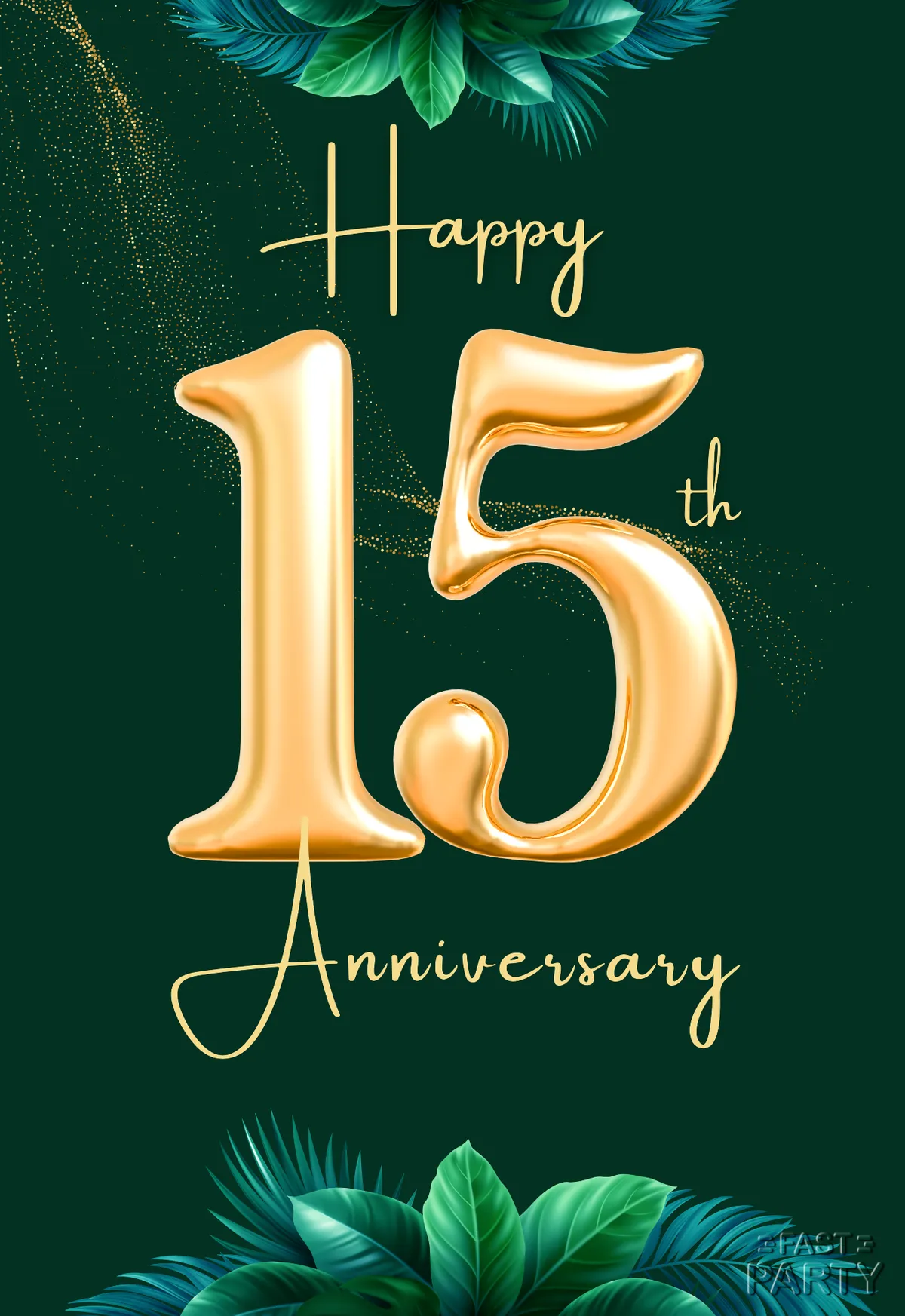 Fifteenth anniversary card with a gold foil 15 on deep emerald