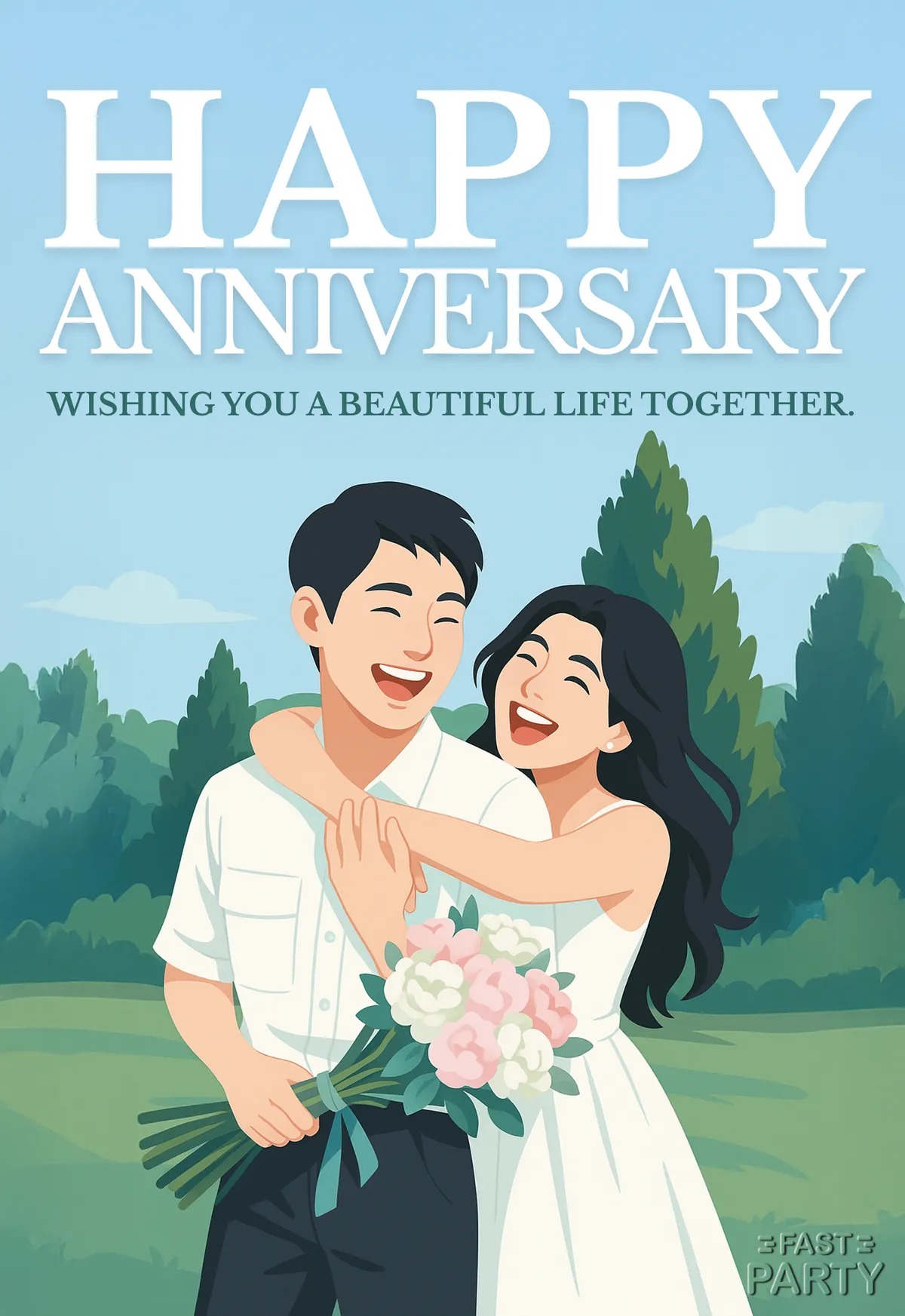 Anniversary card with an illustrated couple outdoors holding a bouquet
