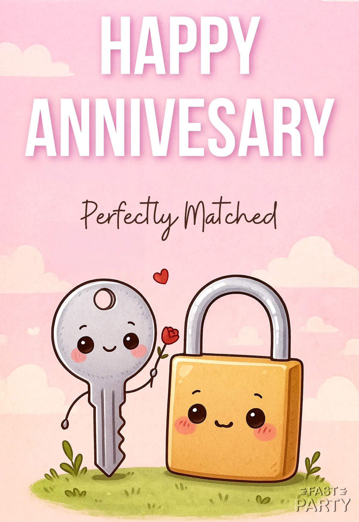 Anniversary card with a cartoon key and padlock under Perfectly Matched