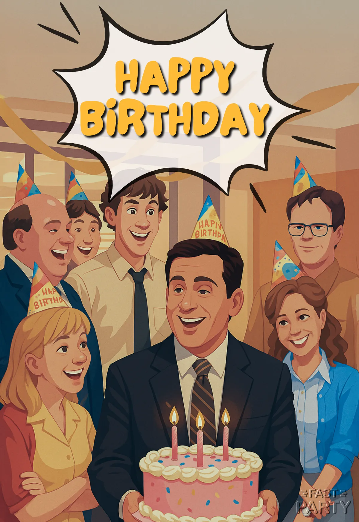 Birthday card with colleagues gathered around a man holding a lit cake