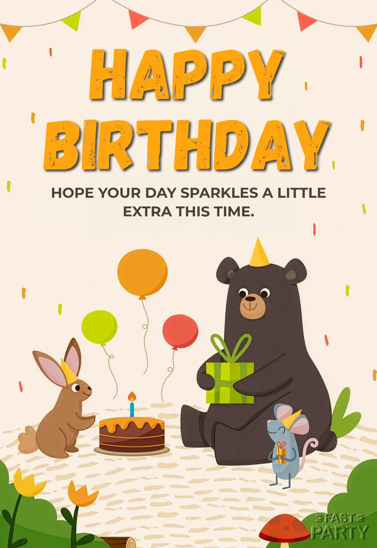Birthday card with a bear, rabbit and mouse around a cake under bunting