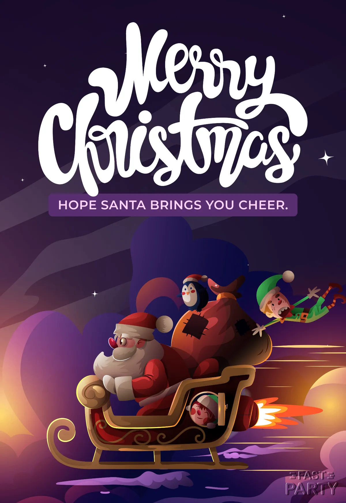 Christmas card with Santa and elves in a sleigh in a purple night sky