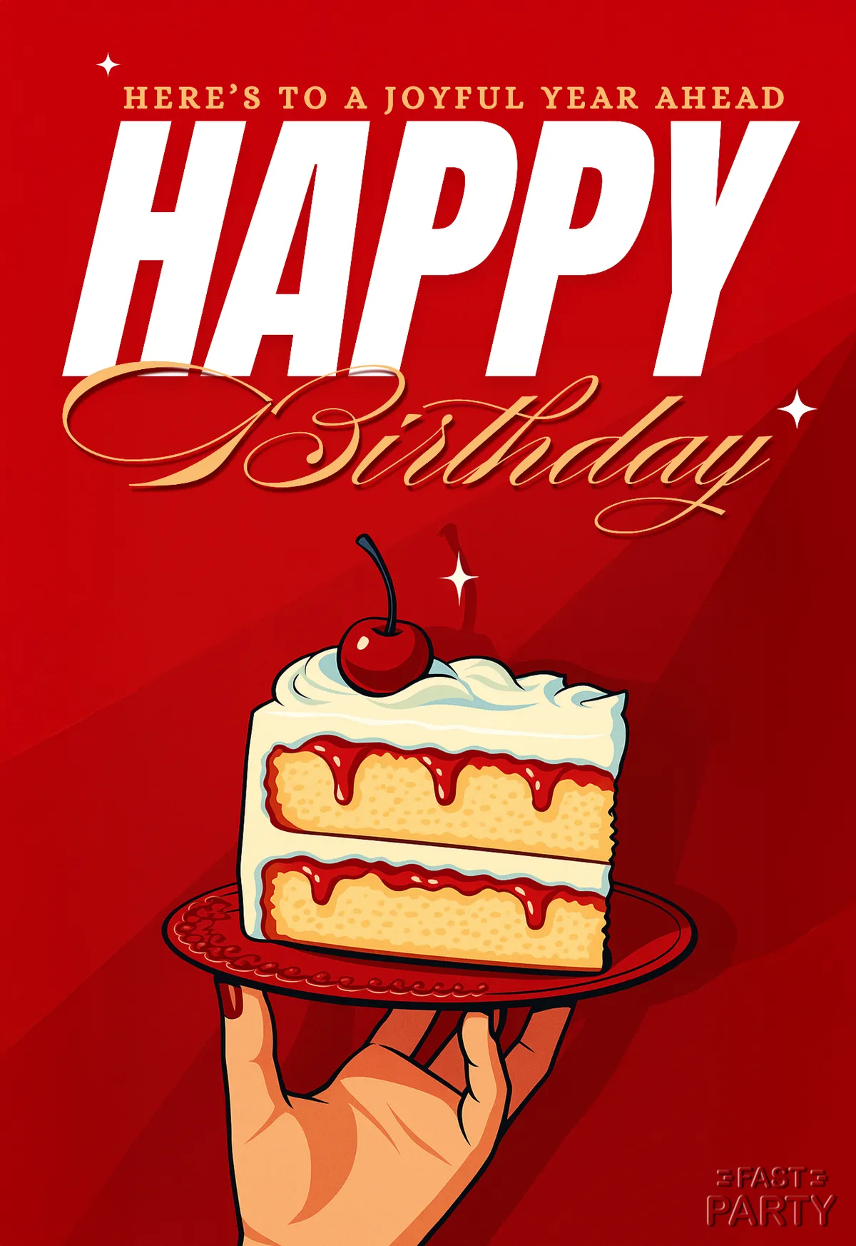 Birthday card with a hand holding a slice of layered cake on deep red