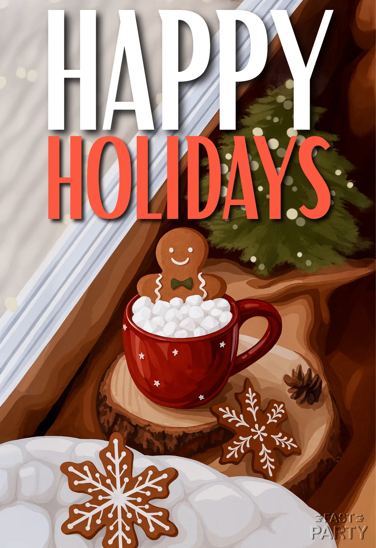 Happy Holidays card with a red mug of cocoa, gingerbread and a snowflake biscuit