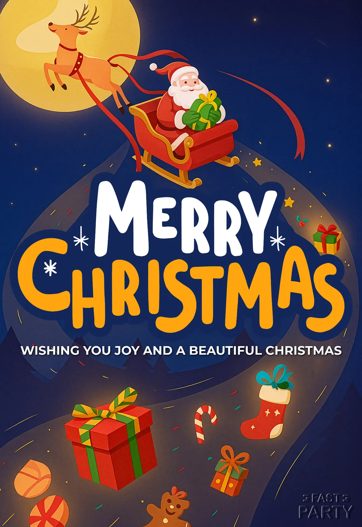 Christmas card with Santa's sleigh crossing a full moon on navy
