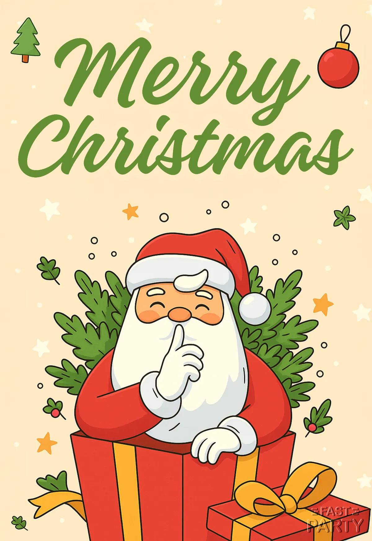 Christmas card with Santa holding a finger to his lips behind a present