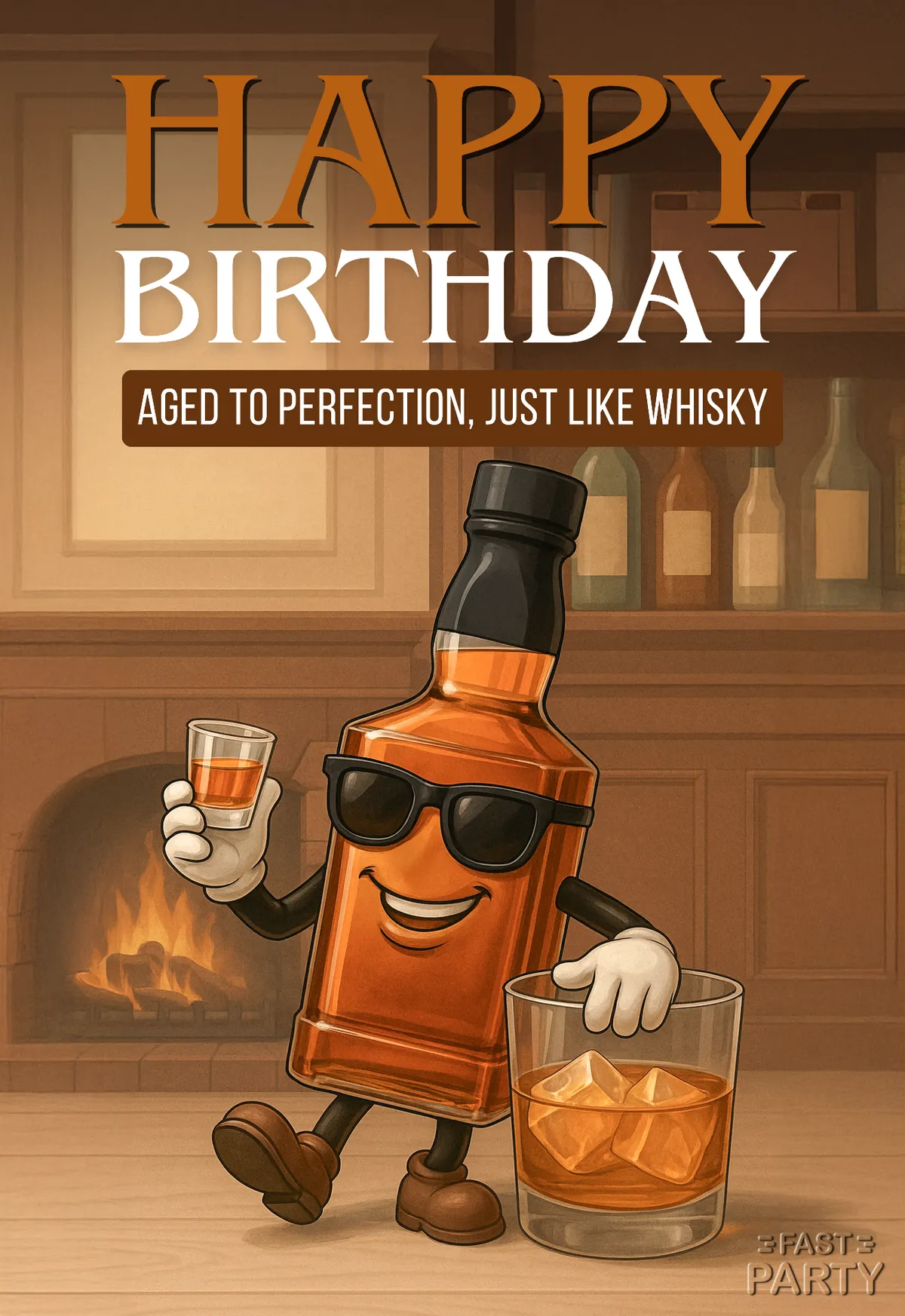 Birthday card with a cartoon whisky bottle in sunglasses by a fireplace