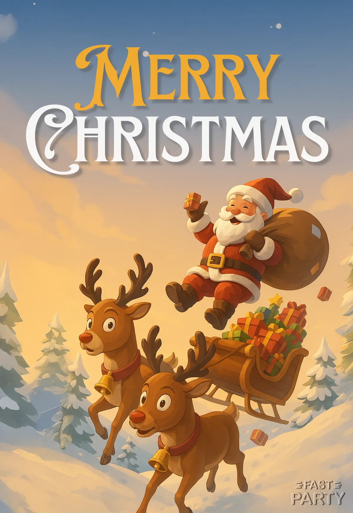 Christmas card with Santa waving from a reindeer-drawn sleigh over snow