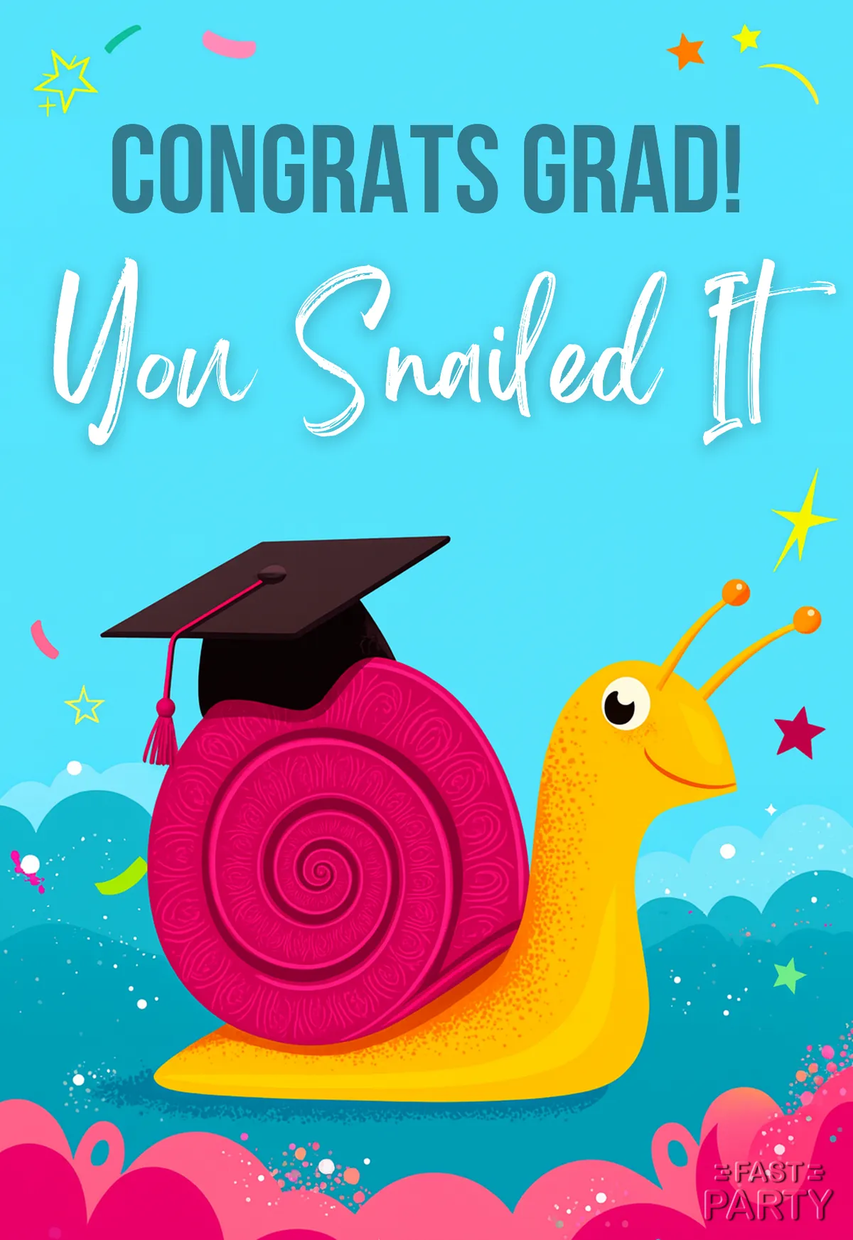 Graduation card with a pink snail in a graduation cap on cyan