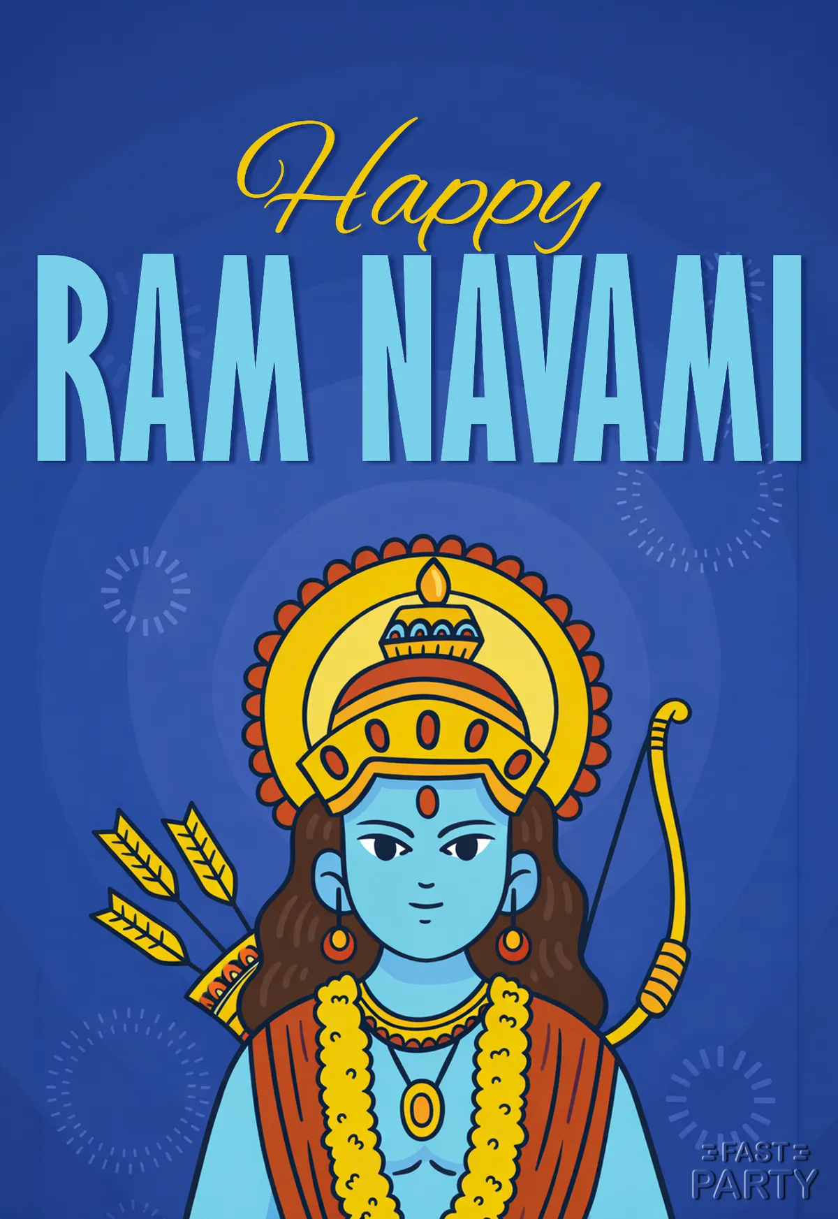 Ram Navami card with Lord Rama and his bow on a deep blue ground
