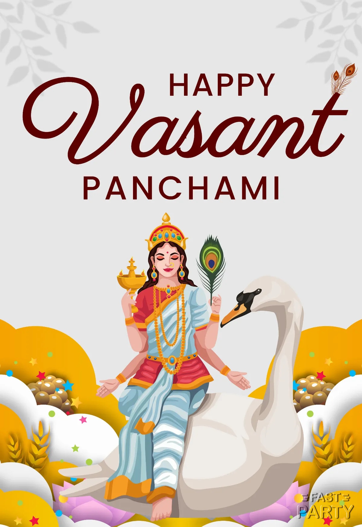 Vasant Panchami card with Saraswati seated on a white swan