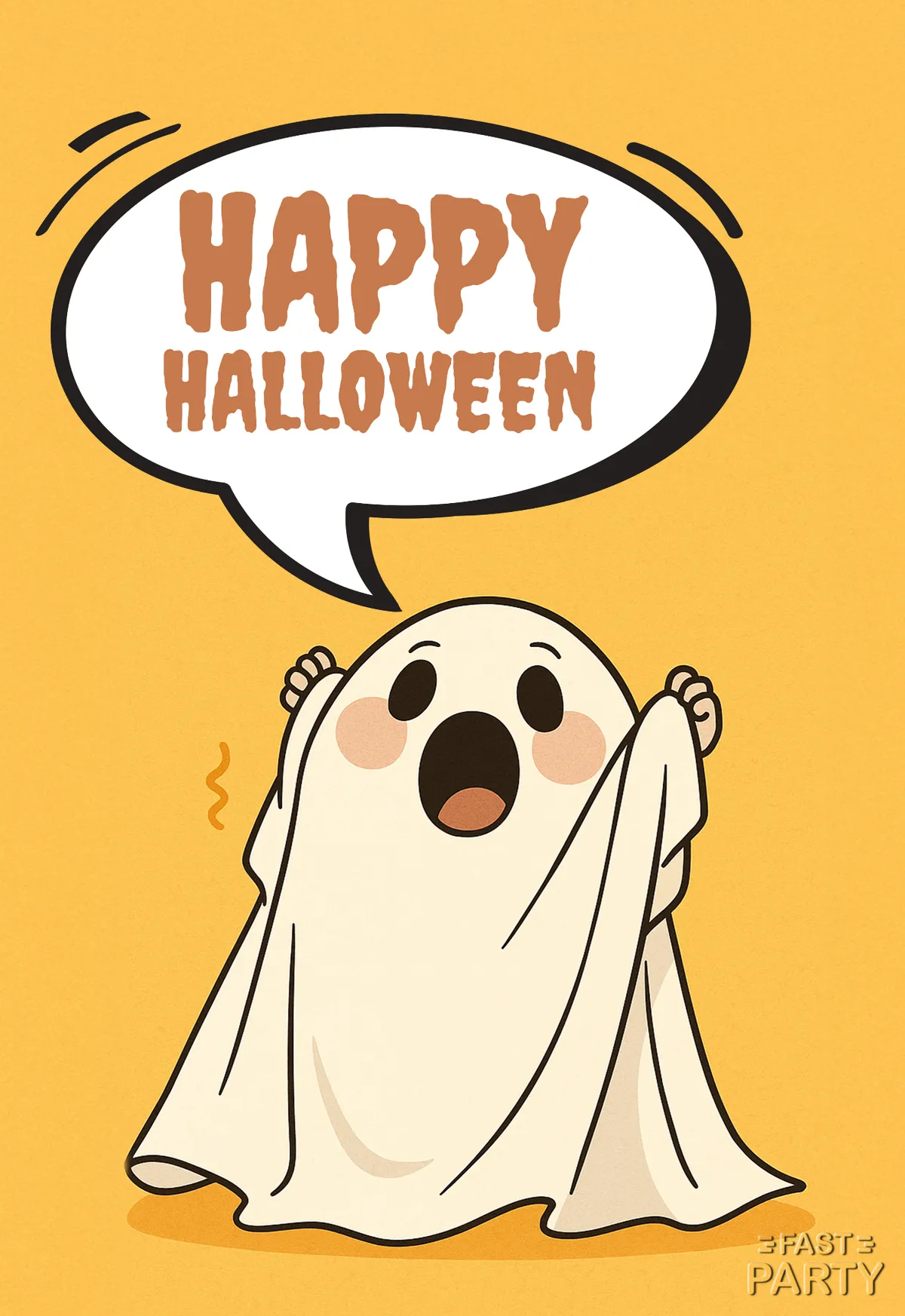 Halloween card with a cartoon ghost and a Happy Halloween speech bubble
