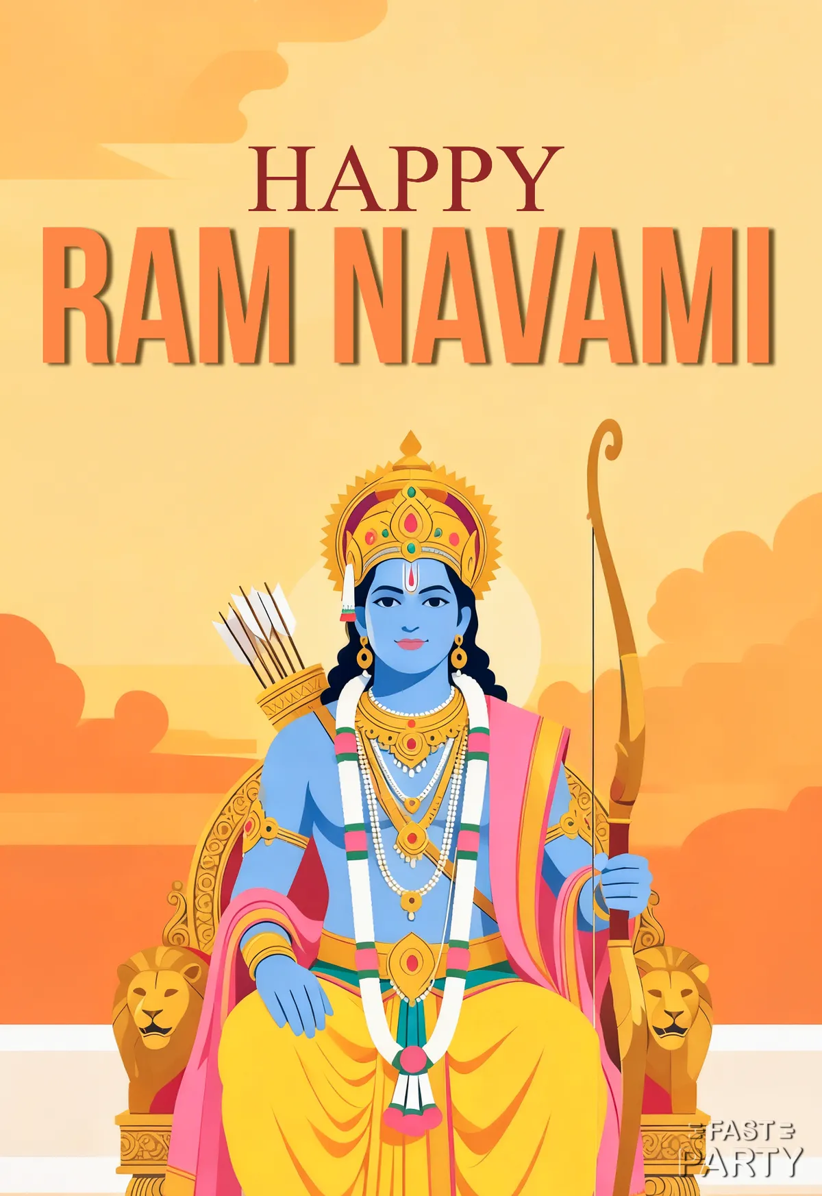 Ram Navami card with Lord Rama seated with his bow against a sunset sky
