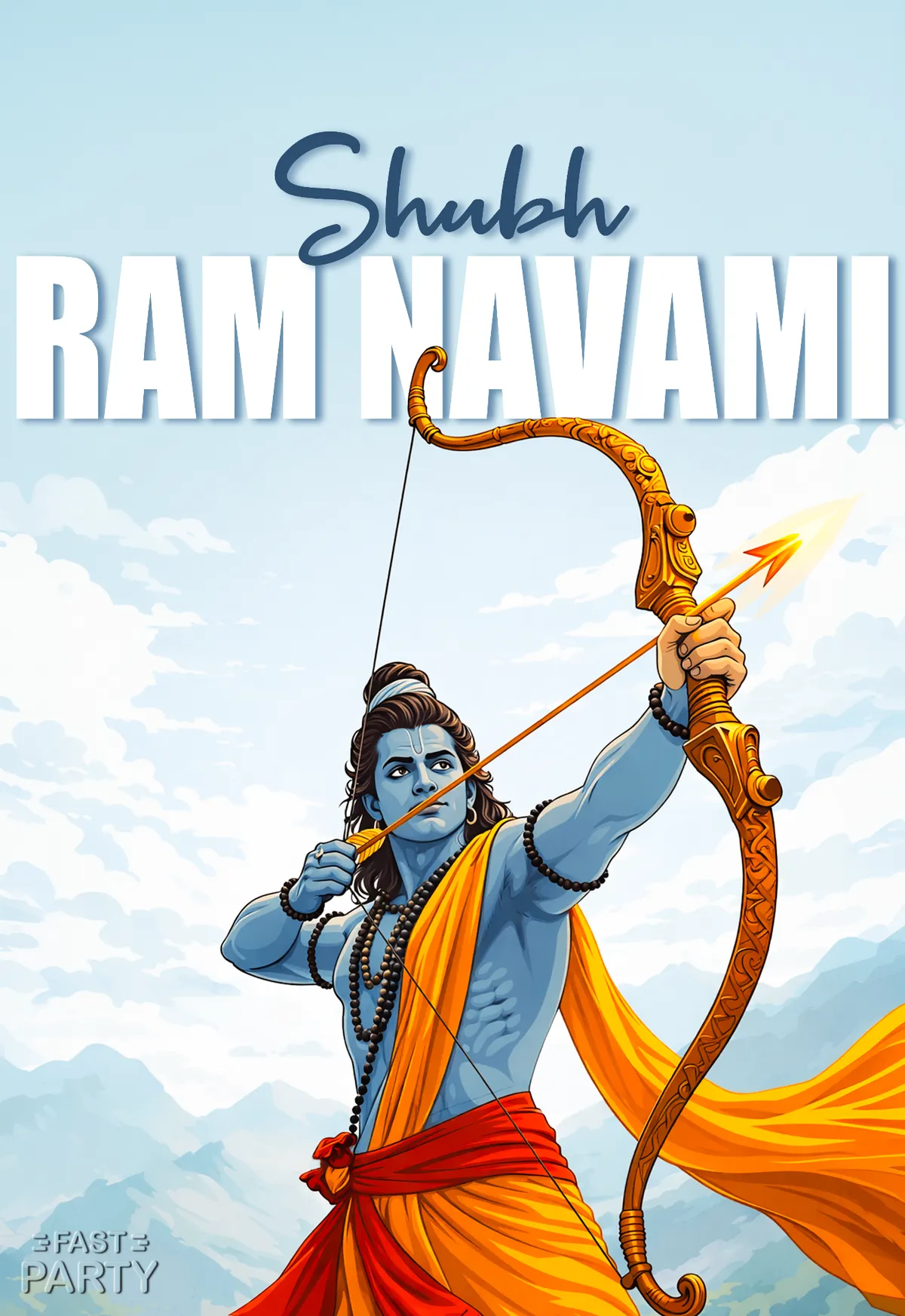 Ram Navami card with Lord Rama drawing his bow against mountains