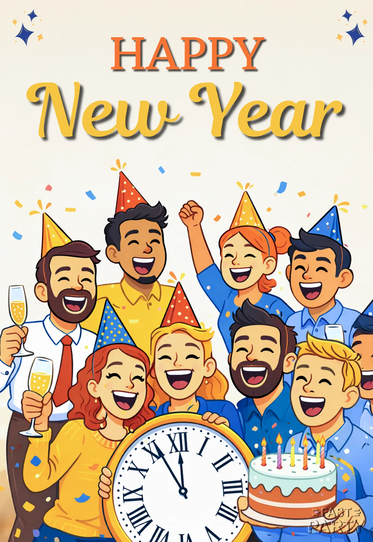 New Year card with a crowd in party hats raising champagne at midnight