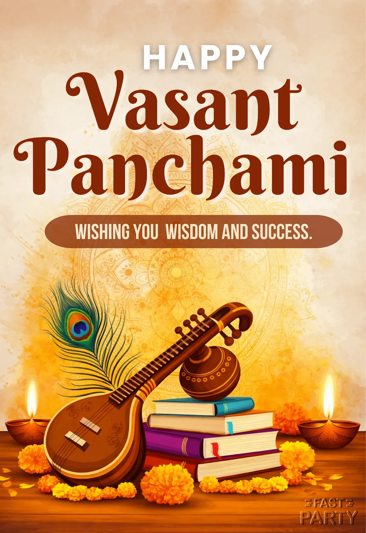 Vasant Panchami card with a veena on books beside marigolds and diyas
