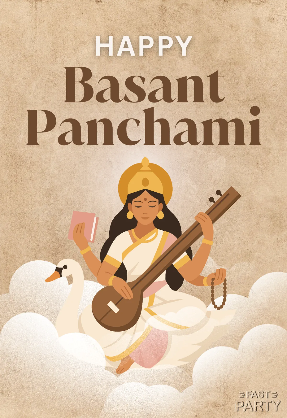 Basant Panchami card with Saraswati holding a veena beside her swan