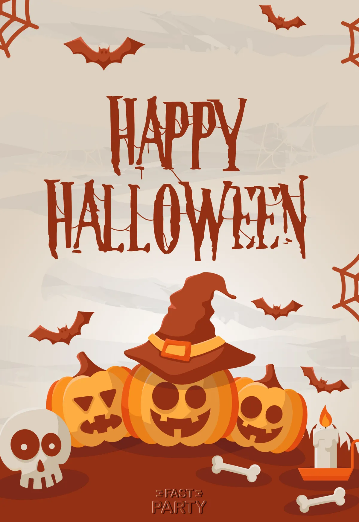 Halloween card with carved pumpkins, bats and a skull on parchment