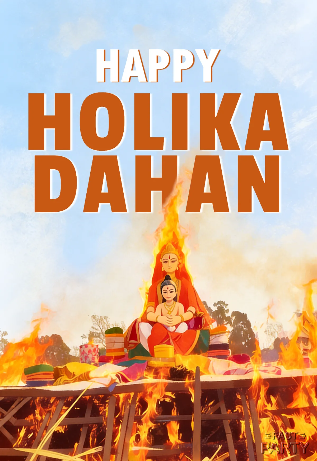 Holika Dahan card with Prahlad seated calmly within the pyre