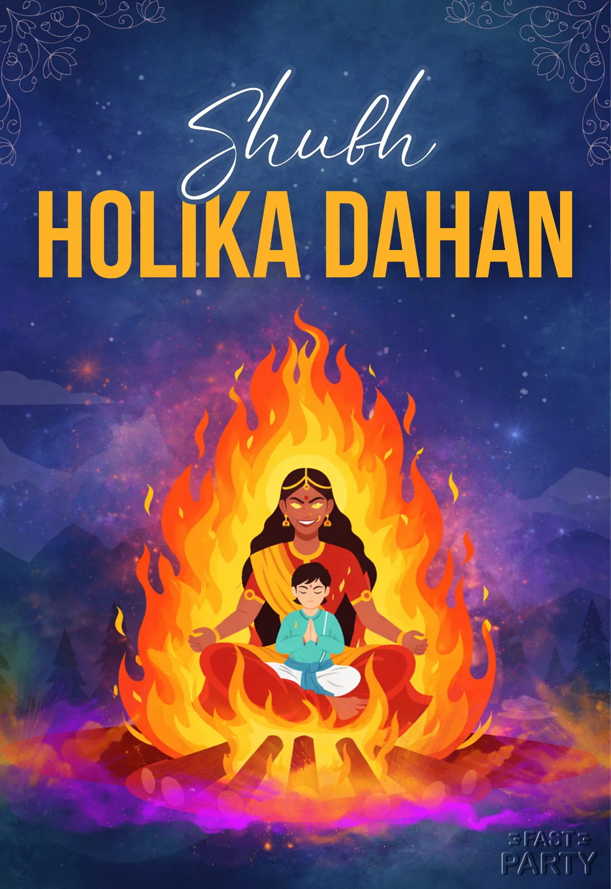 Holika Dahan card with a woman and child in prayer within tall flames
