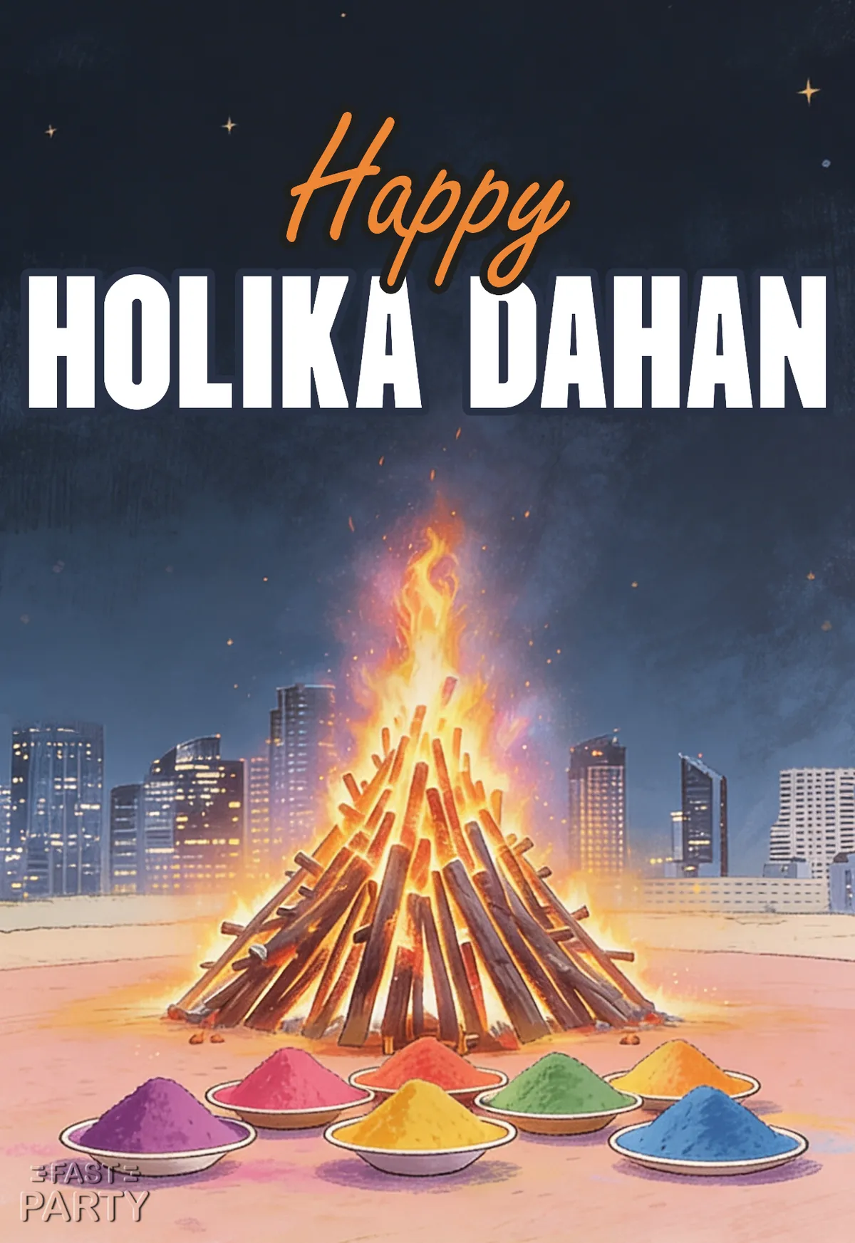 Holika Dahan card with a tall bonfire against a night city skyline