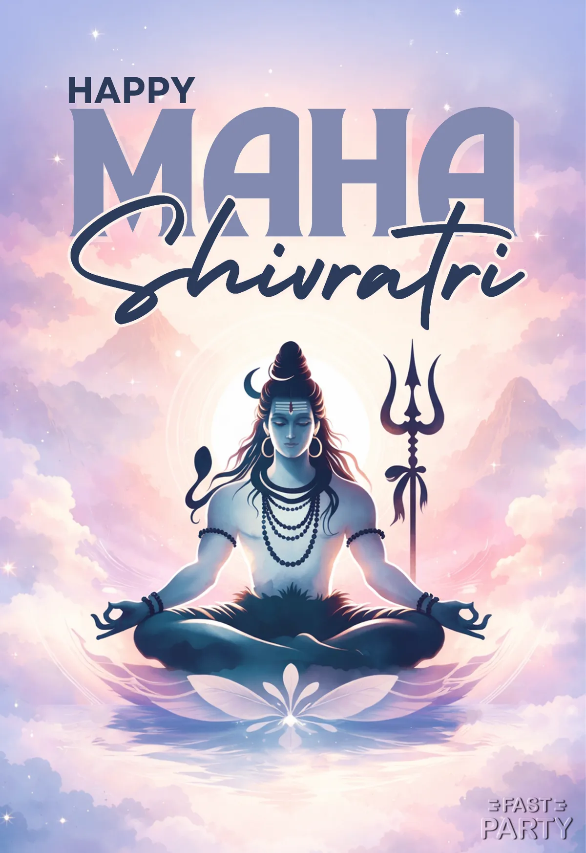 Maha Shivaratri card with Shiva seated in meditation beside his trident