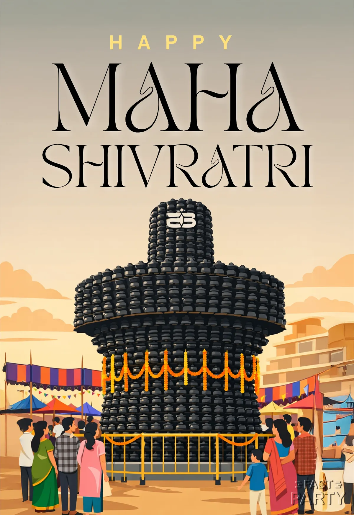 Maha Shivaratri card with a marigold-dressed shivling at a temple fair