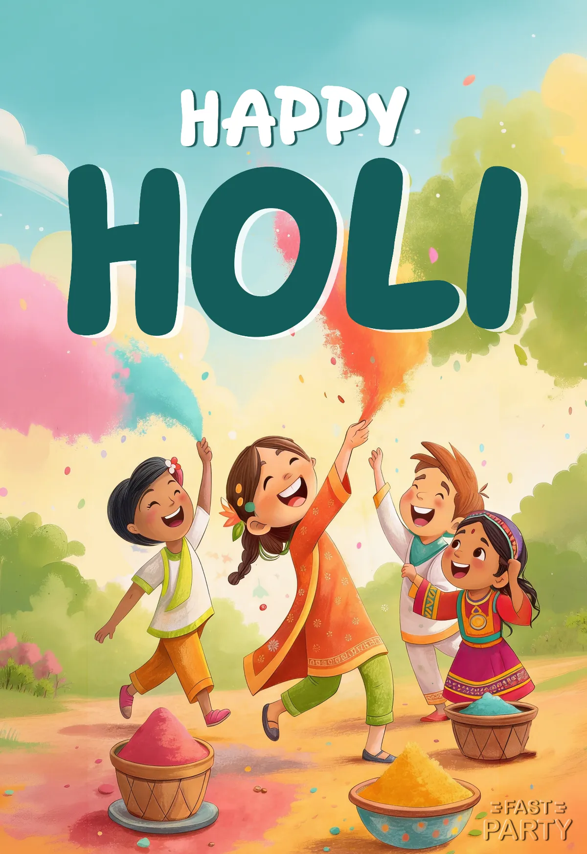 Holi card with children throwing colour beside pots of gulal