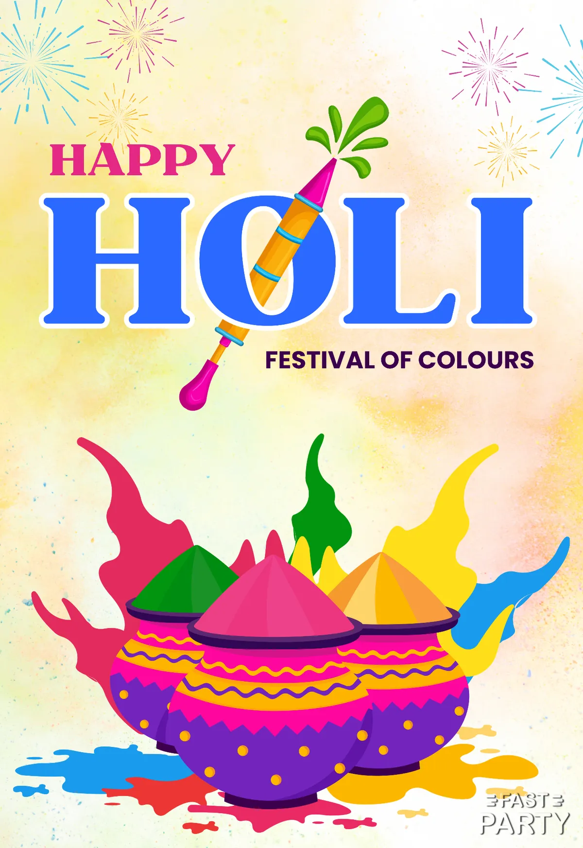 Holi card with a pot of coloured gulal and a pichkari