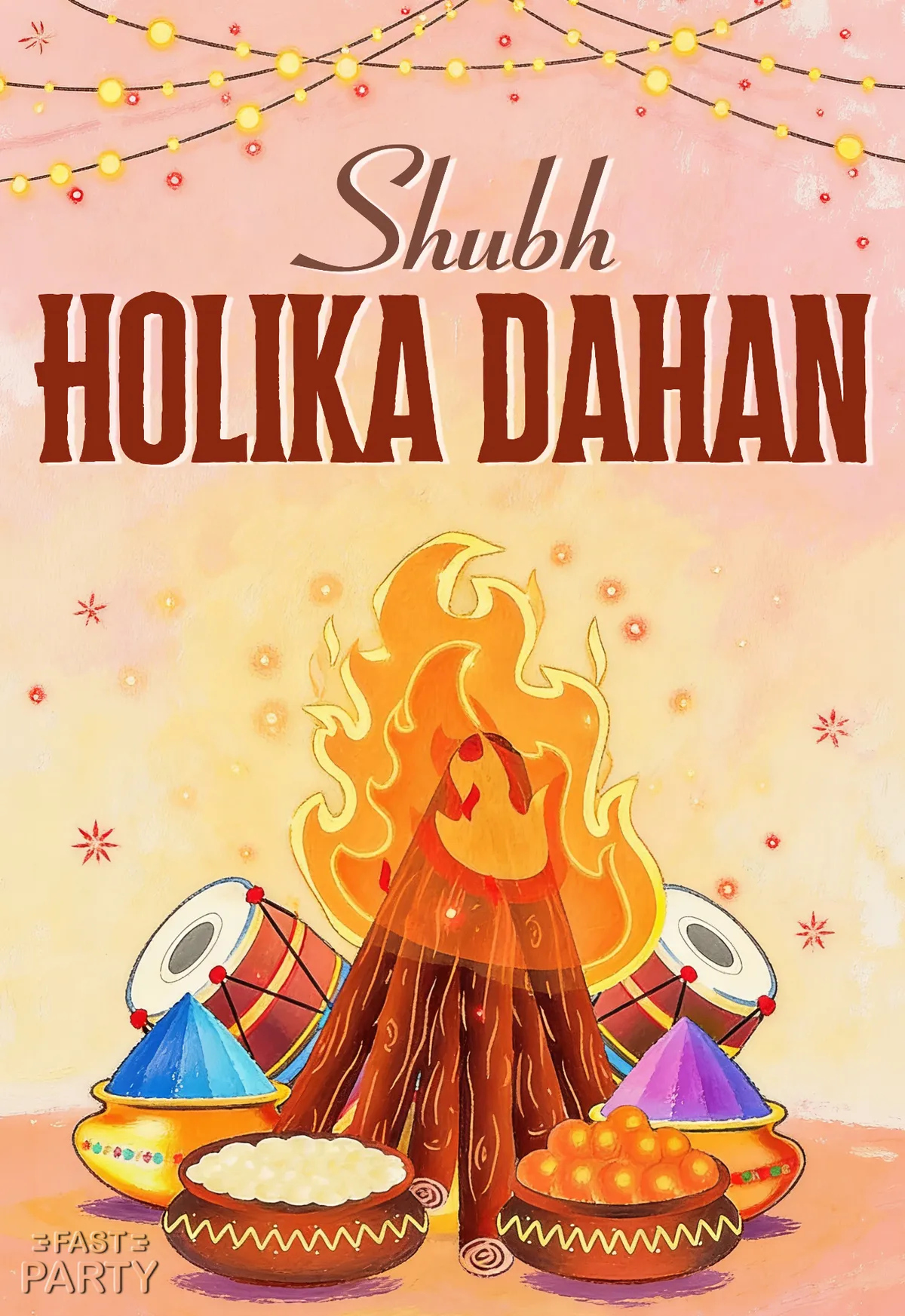 Holika Dahan card with a bonfire under string lights on pink