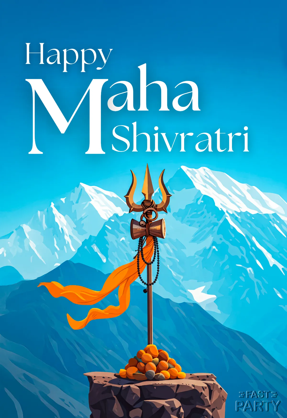 Maha Shivaratri card with a trident on a rock before snow mountains
