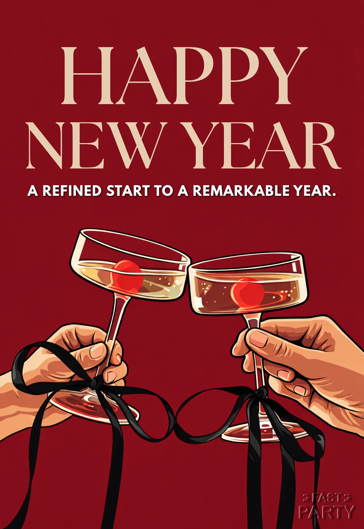 New Year card with two hands clinking champagne coupes on deep red