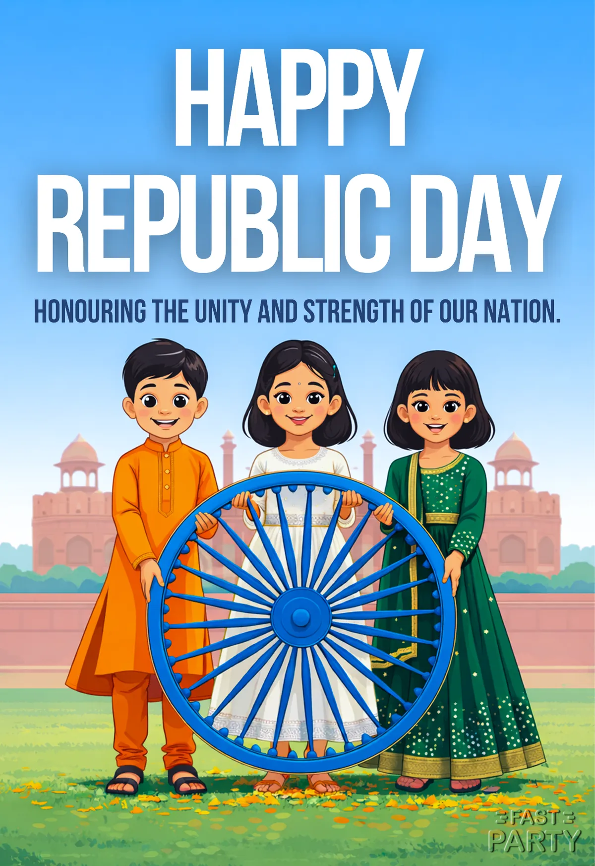 Republic Day card with children holding the Ashoka Chakra before the Red Fort