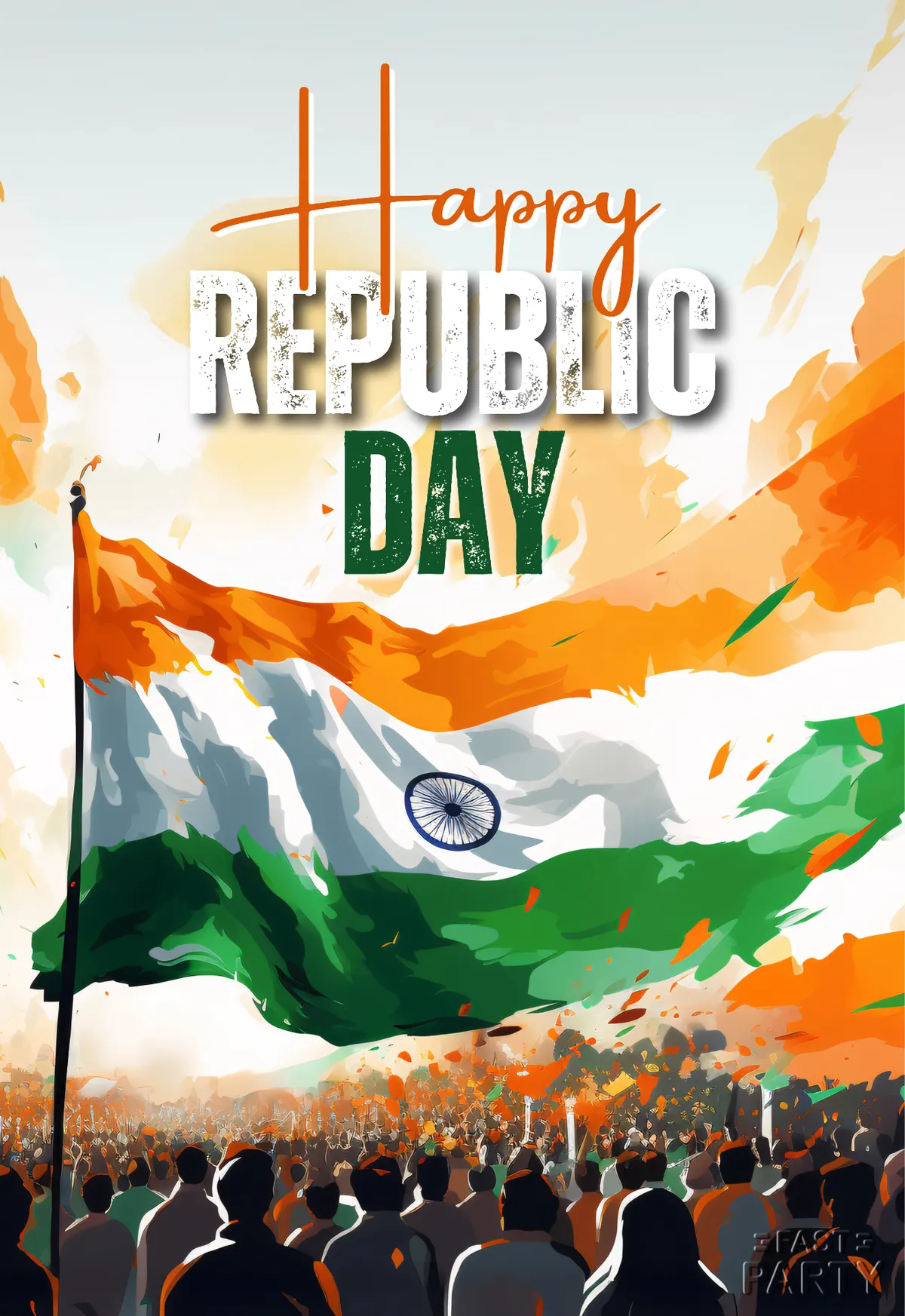 Republic Day card with the Indian flag above a silhouetted crowd